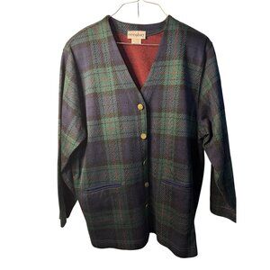 VTG Eccobay Cardigan Sweater Womens Large Plaid Grannycore Blue Green Cozy Retro